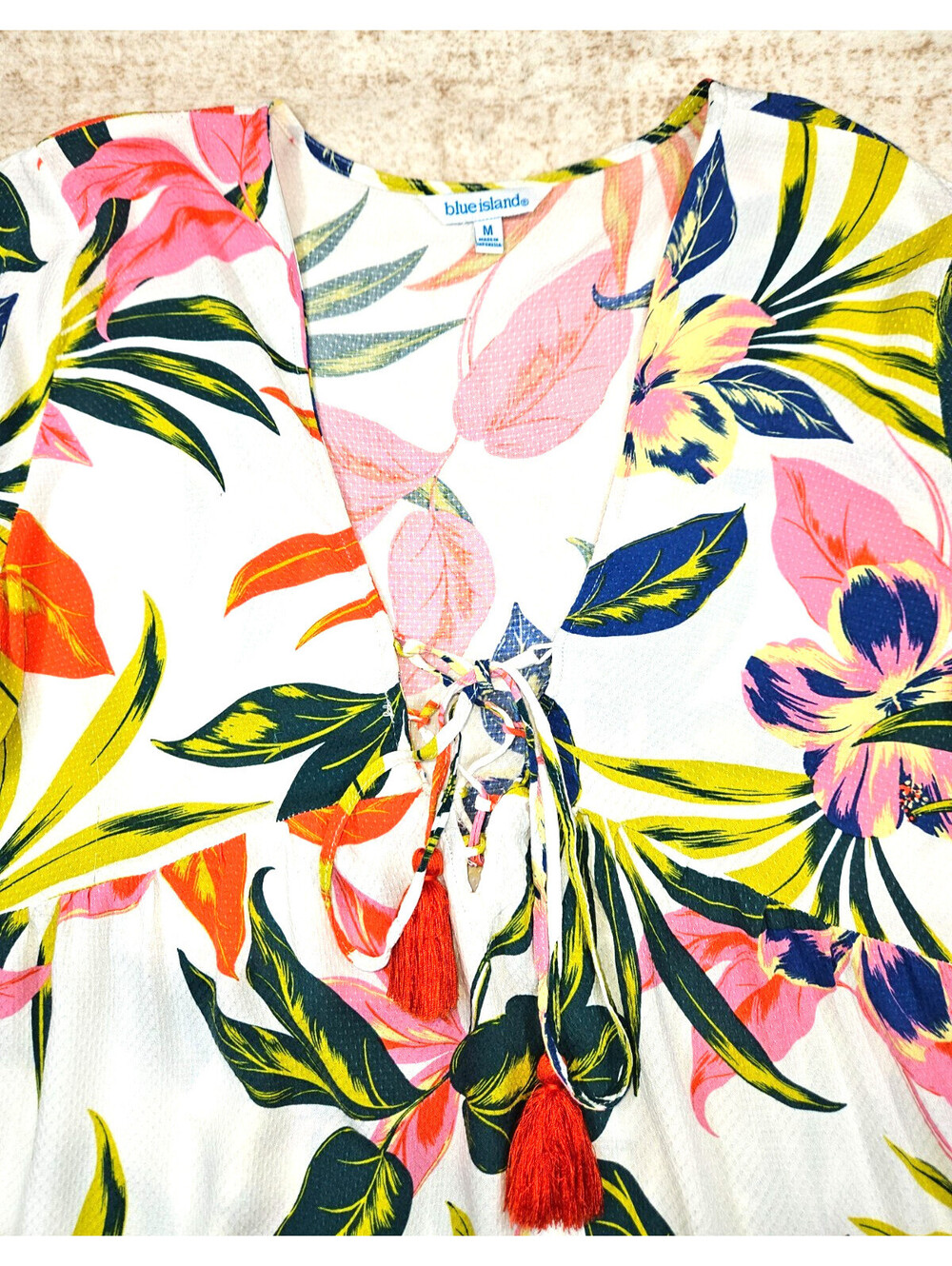 Blue Island Size M Summer Tropical Leaf & Floral V-Neck Beach Mini Dress - Picture 4 of 11